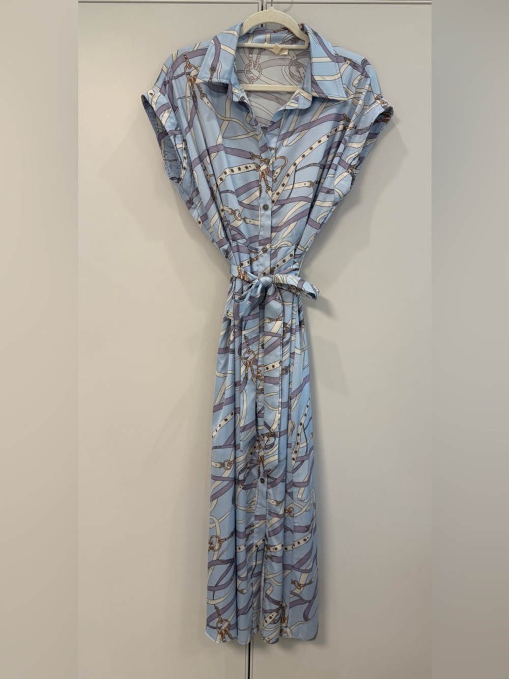 entro Light Blue and Lavender Chain-Print Midi Shirt Dress with Tie Waist